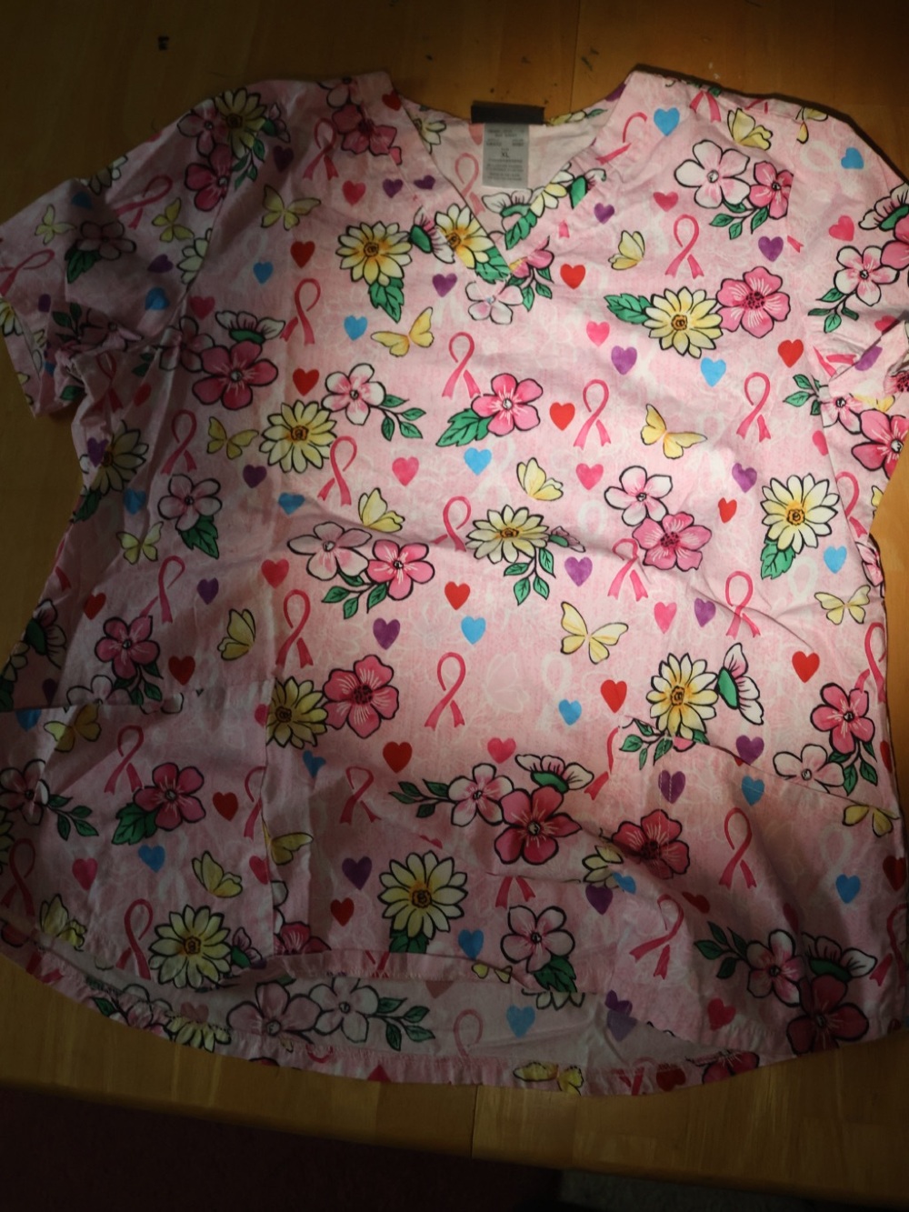 Cherokee Pink Floral Ribbon Print Short Sleeve Scrub Top